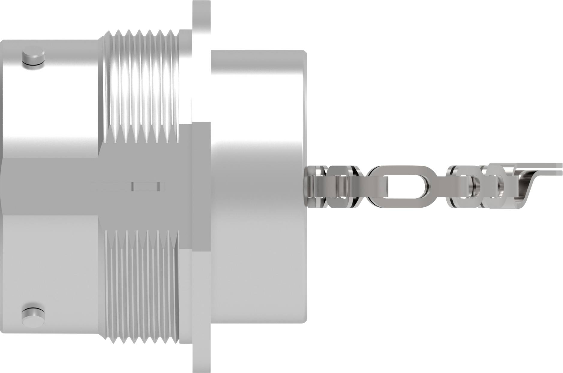 A silver mechanical component with a screw thread and an extendable, toothed element on the right-hand side.