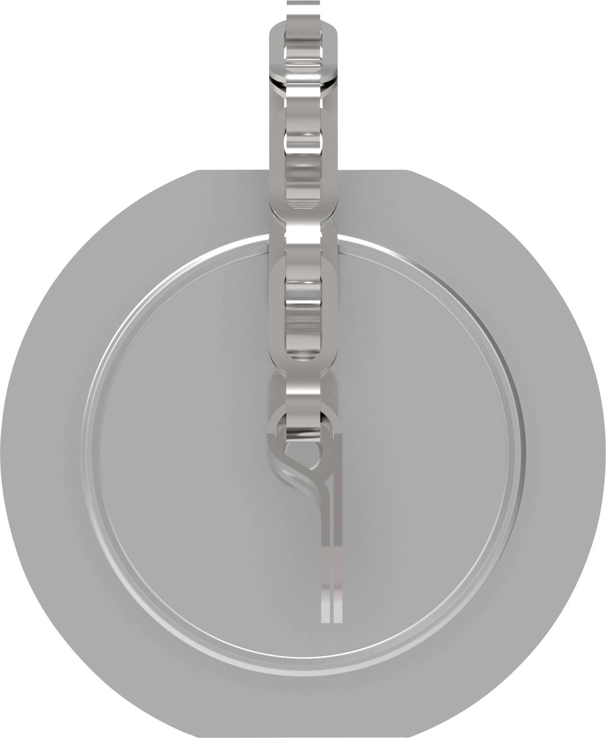 A silver metal chain lies on a grey background, symmetrically arranged and centrally positioned in the image.