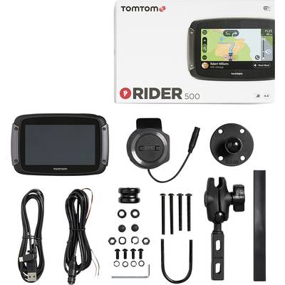 'TomTom RIDER 500' satellite navigation device with accessories, including mounting brackets, cables, and screws. Packaging shows device with map displayed on screen.