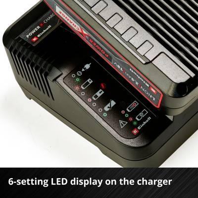 Charger with six LED status indicators. Brand name and model number visible.