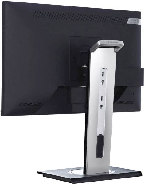 Rear view of a black computer monitor with an adjustable silver stand, suitable for desktop workstations.