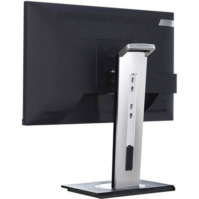 Rear view of a black computer monitor with an adjustable silver stand, suitable for desktop workstations.