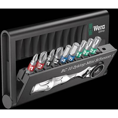 Zyklop Mini Bit-Torsion Set by Wera with ten bits in various colours and sizes, arranged in a black holder.