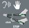 A hand tightens a torque wrench with visual cues: ear and sound waves, a hand symbol, the words 'click' and 'STOP', indicating proper use.