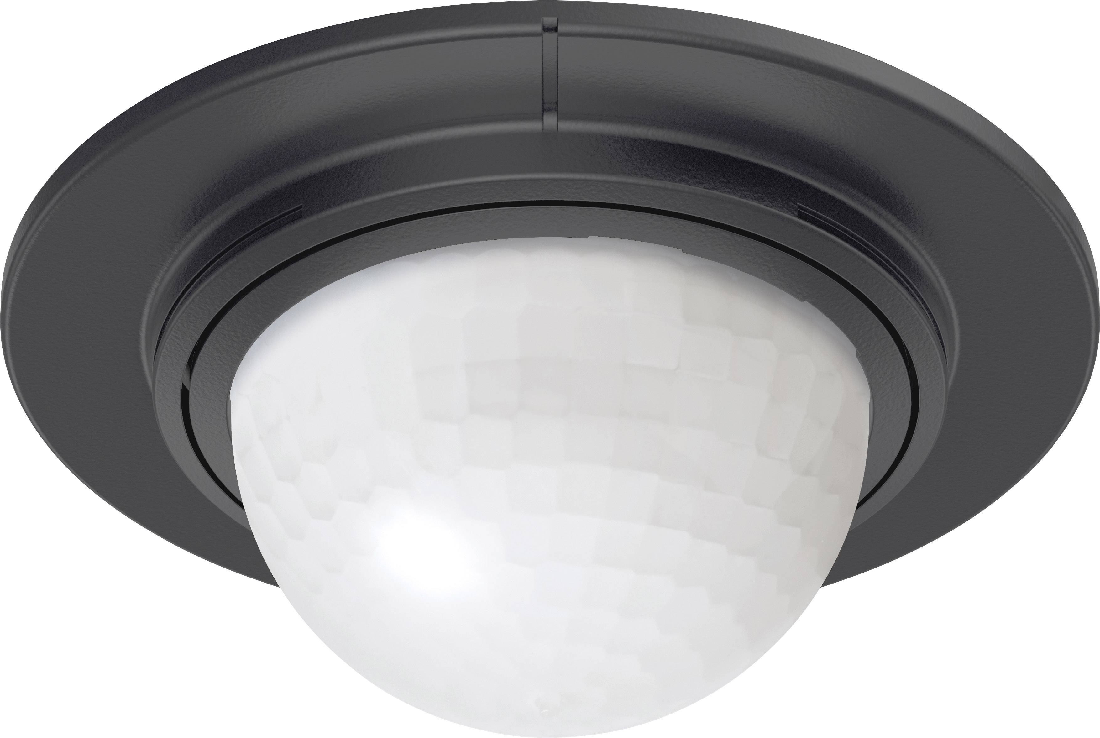 A round ceiling motion sensor in black with a white, textured dome.