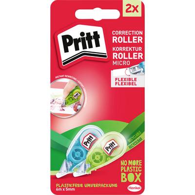 Pritt Correction Roller package showing two rollers and highlighting 'Instant Rewriting', 'Flexible', 'Recyclable', and 'No More Plastic Box'.