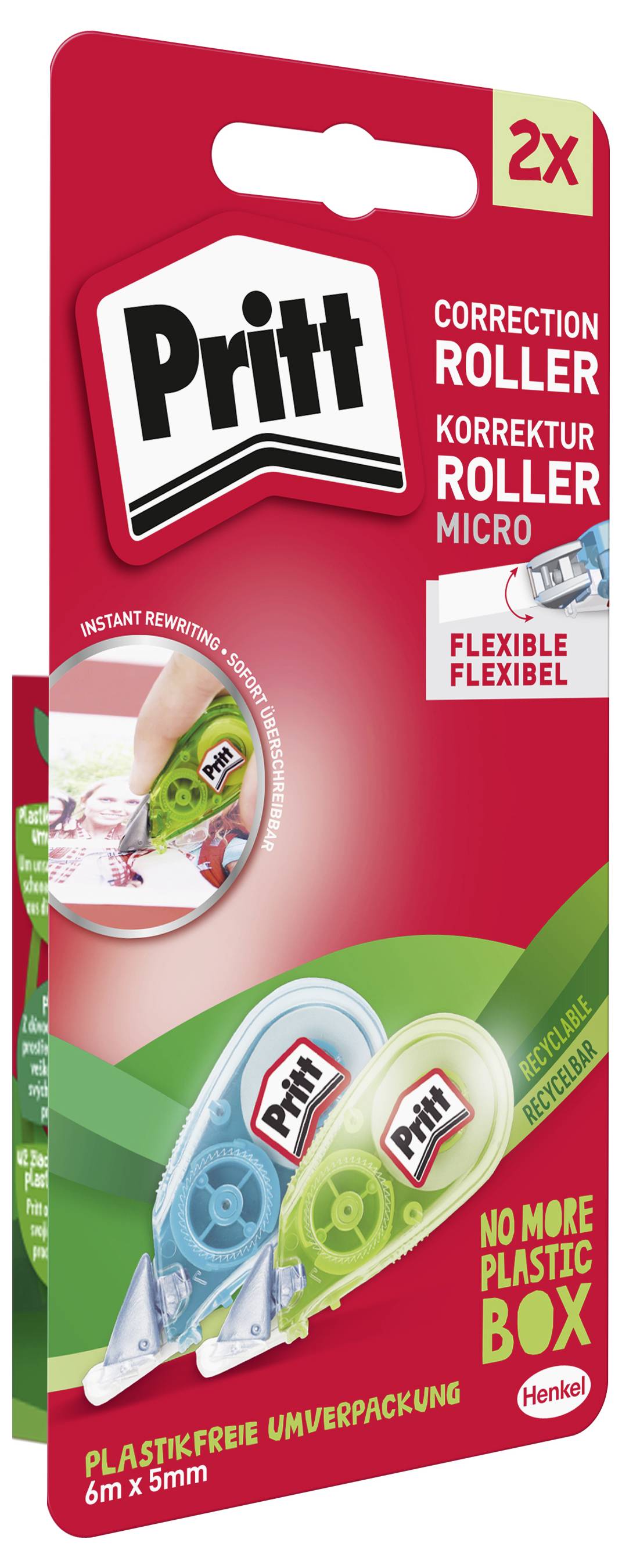 'Pritt Correction Roller' packaging with two rollers; features include 'instant rewriting,' 'flexible,' and 'no more plastic box.'