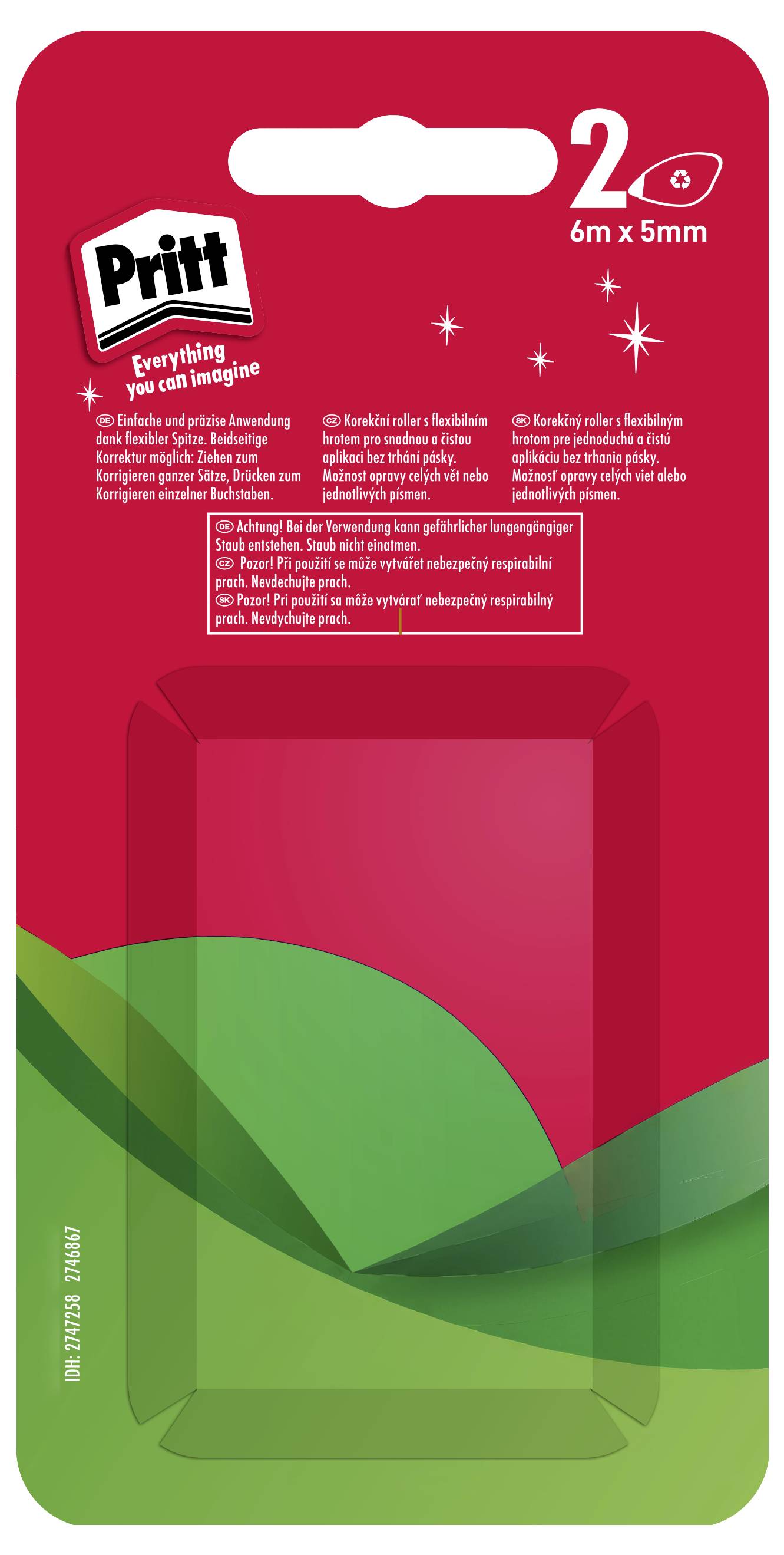 'Pritt' correction tape packaging with a red background and green design. States '2 tapes, 6m x 5mm'.