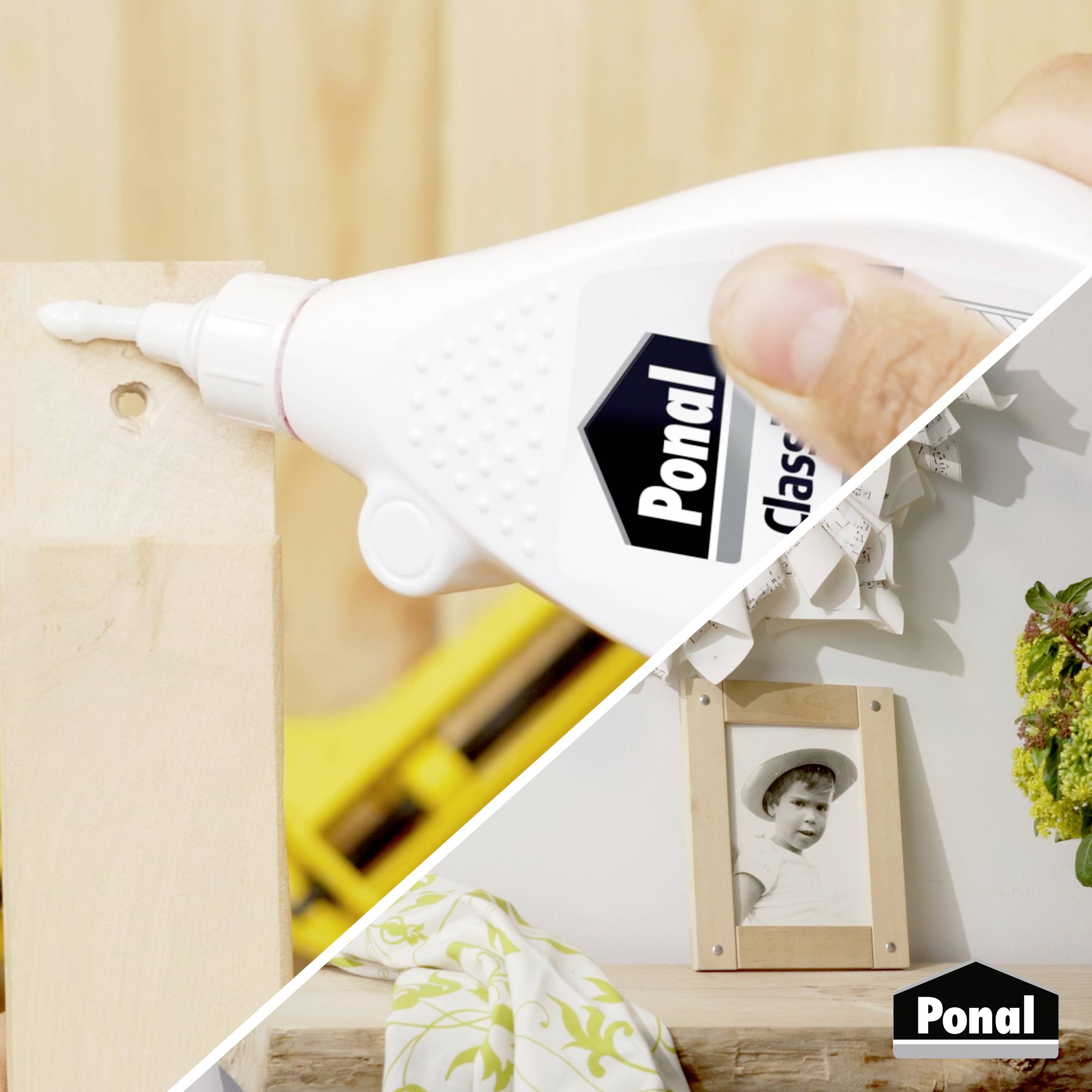 'A hand applying glue on wood; below, a shelf with decorative items including a small photo frame and plant.'