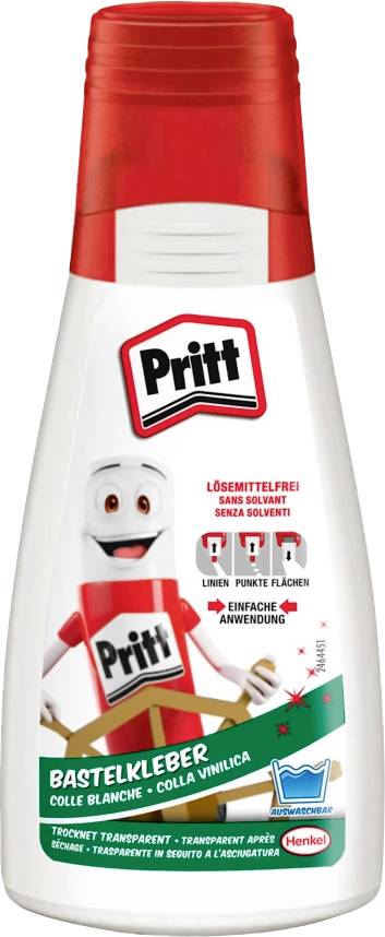 A bottle of Pritt white craft glue with a red cap, featuring a smiling cartoon character and multilingual labels highlighting it as solvent-free.