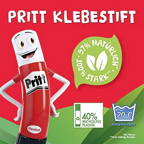 A Pritt glue stick on a red background. Text: 'Pritt Glue Stick', '40% Recycled Plastic', '97% Natural', 'Washable at 20°C'.