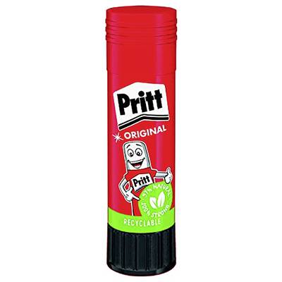 A red 'Pritt Original' glue stick with a smiling cartoon character holding a label that says 'extra strong'. Text highlights '97% natural, recyclable'.