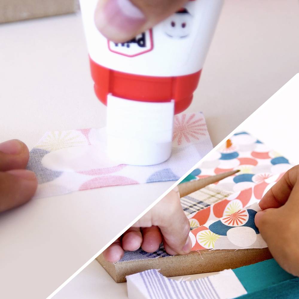 Two images show hands using a glue stick to attach patterned paper for a craft project, emphasizing steps and careful application.