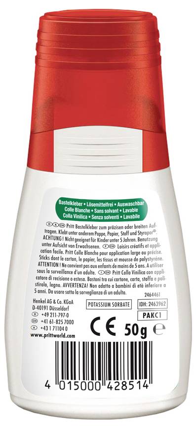 A bottle of Pritt glue with a red cap and white body, displaying text in multiple languages about it being solvent-free and washable.