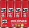 Four red Pritt glue sticks in a multipack, labeled 'Original.' Suitable for office, school, kindergarten, hobby use. 4x22g.