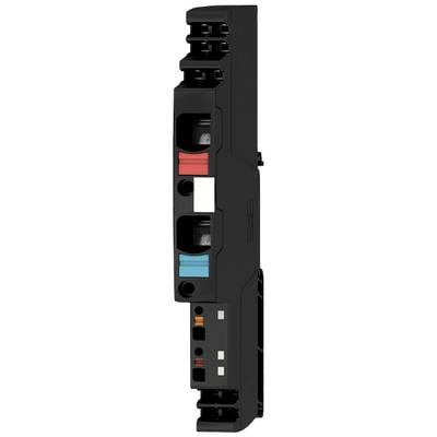 Black electronic enclosure with coloured connectors: red on the left, blue on the right. The primary purpose is to provide a secure cable connection.