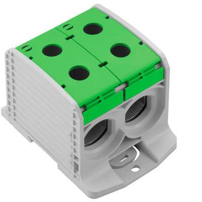 'Green and white three-pole cable connector with two screw holes for mounting, suitable for electrical connections.'