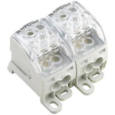 A grey, double electrical terminal block, marked with 'RM-WPD104'. Suitable for cable connections.