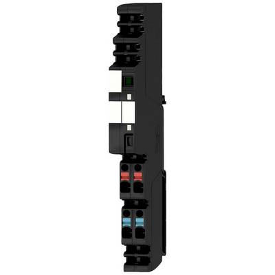 A side-on view of a black electronic component with multiple connections and switches in various colours.