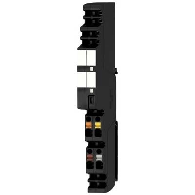 Side view of a black electrical connector with multiple terminals in various colours.