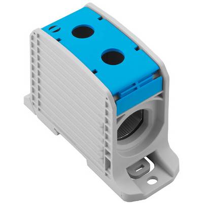 Compact electrical connection terminal in grey and blue, with two connection openings and a mounting base.