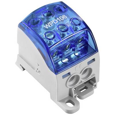 Electrical distribution block with a blue cover, marked as 'WPD106', for connecting and distributing electrical cables.