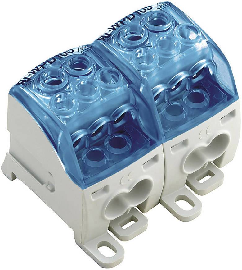Two-pole electrical terminal block with blue, transparent covers for secure electrical line connection.