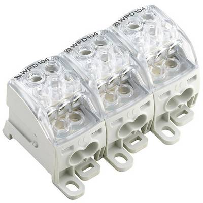 A transparent electrical distribution block with three connection points, each fitted with a cover, mounted on a base.