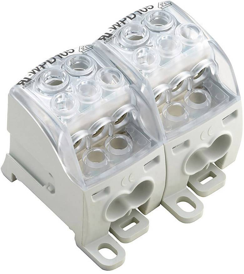 Two-row electrical terminal blocks with transparent cover, suitable for multiple cable connections in electrical installations.