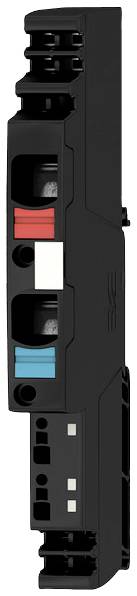 Black cassette with red and blue markers, lying on its side. Suitable for identifying colour cartridges for printing devices.