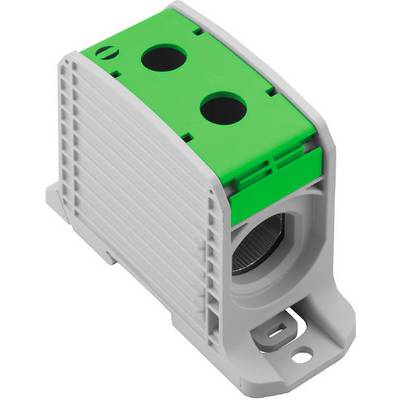 Grey plastic housing with a green element, two circular openings at the top, presumably an electrical connection block.