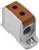 A white rectangular terminal block with a brown top cover, two round openings on top and a mounting point at the bottom.