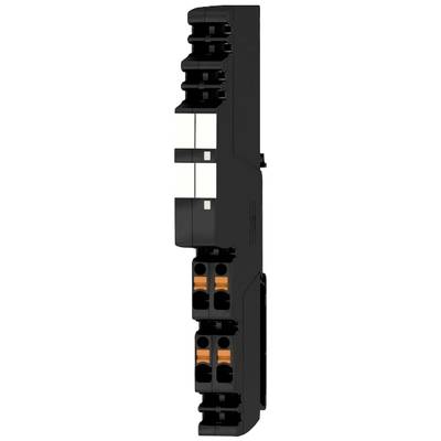 A black, vertically mounted electrical module with orange connectors and white components on the top surface.