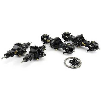 Four black transmission axes and a metal spiral on a white background. The axes have golden details and are positioned side by side.