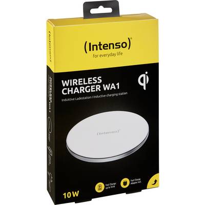 Top-down view of a product packaging for a wireless charger by Intenso, model WA1, with 10W power output.