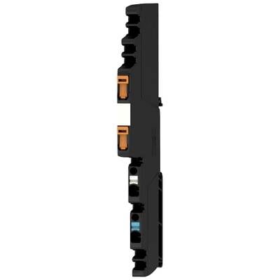 Black, vertical component with orange, white, and blue elements, typical of an electronic component or connector.