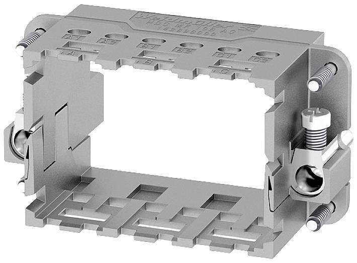 Grey rectangular plastic component with multiple openings and screws, likely a terminal block or mounting element.