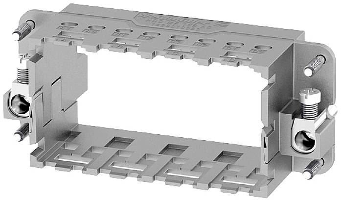 Metal rectangular connector adapter with screws on both sides, suitable for mounting in an electrical enclosure.