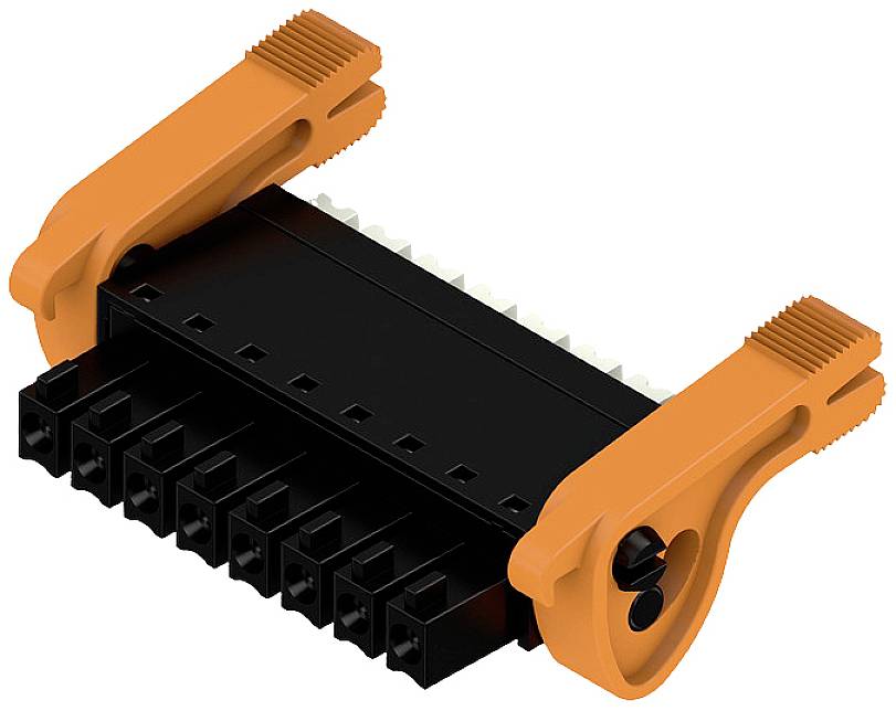 'Electrical connector with black terminals and orange levers, closed.'
