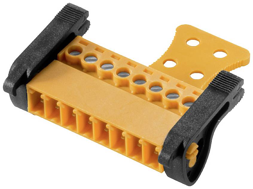 An orange multi-pin connector with several holes and black end caps. The design suggests industrial application.