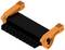 A black electronic plug with multiple right-angled contacts, surrounded by two large orange clamps.