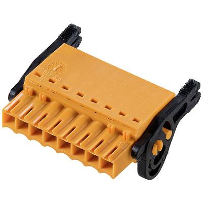 Orange multi-socket plastic plug with side securing mechanisms, commonly used for electrical connections.