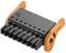 Black plastic plug with nine connection slots and two orange levers on the sides, likely for electrical connections.
