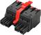 A black connector with a red slider, four slots and two outputs. Used for secure electrical connection.