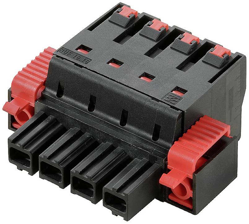 'A black and red plug connector, 5-pin, plastic housing, for electronic connections. Suitable for connecting cables.'
