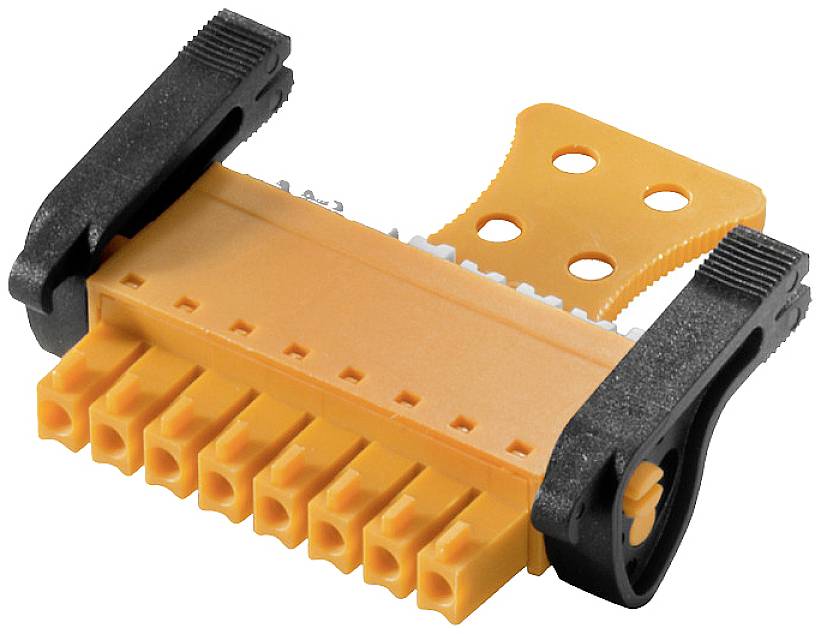 An orange, pluggable connection element with black mountings, used for electronic circuits.