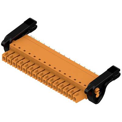 An orange electronic connector with multiple ports and black mounting brackets on both sides.
