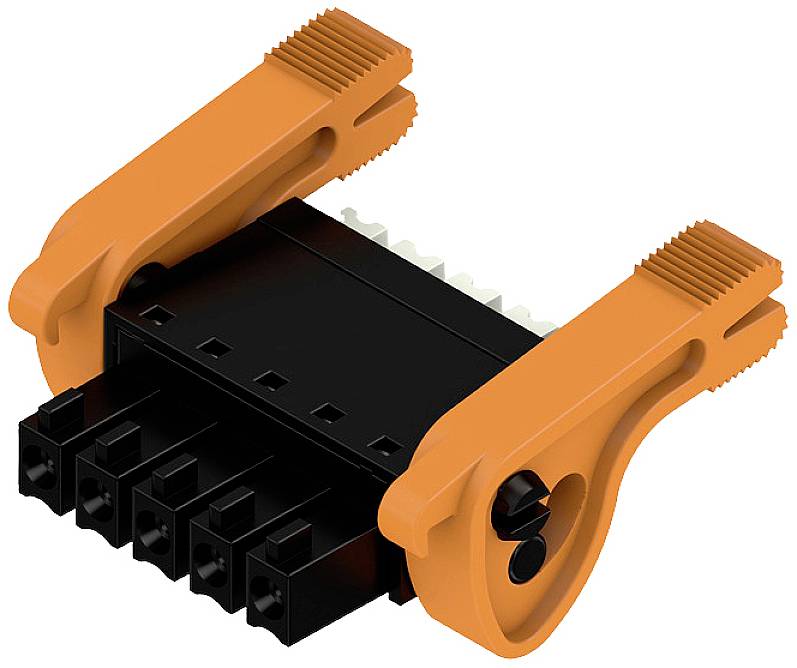 An electrical connector with orange levers that enables a secure and stable connection.