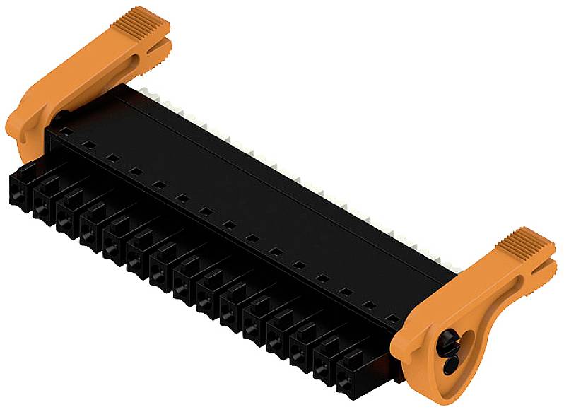 A rectangular, black connector with orange clips on the sides. The connector has numerous pin interfaces.