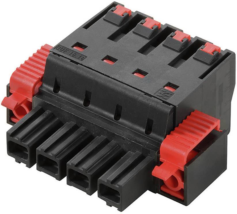 Black and red electrical connector with six terminals, suitable for industrial applications.